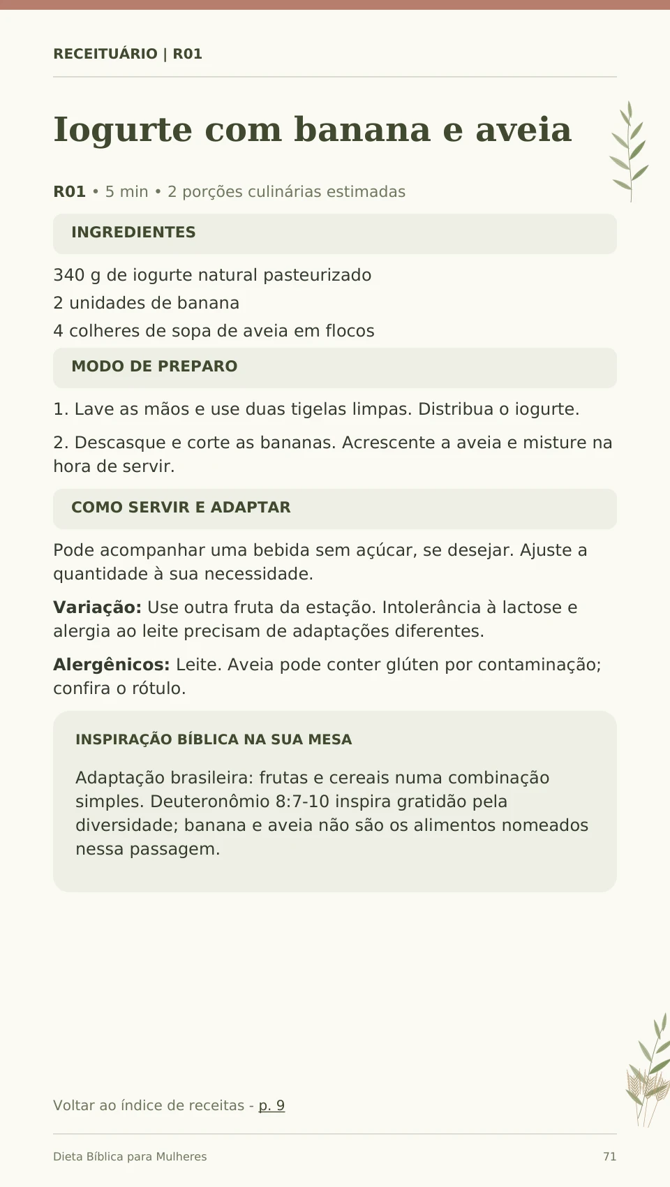 Página real da receita de iogurte com banana e aveia, com ingredientes e modo de preparo