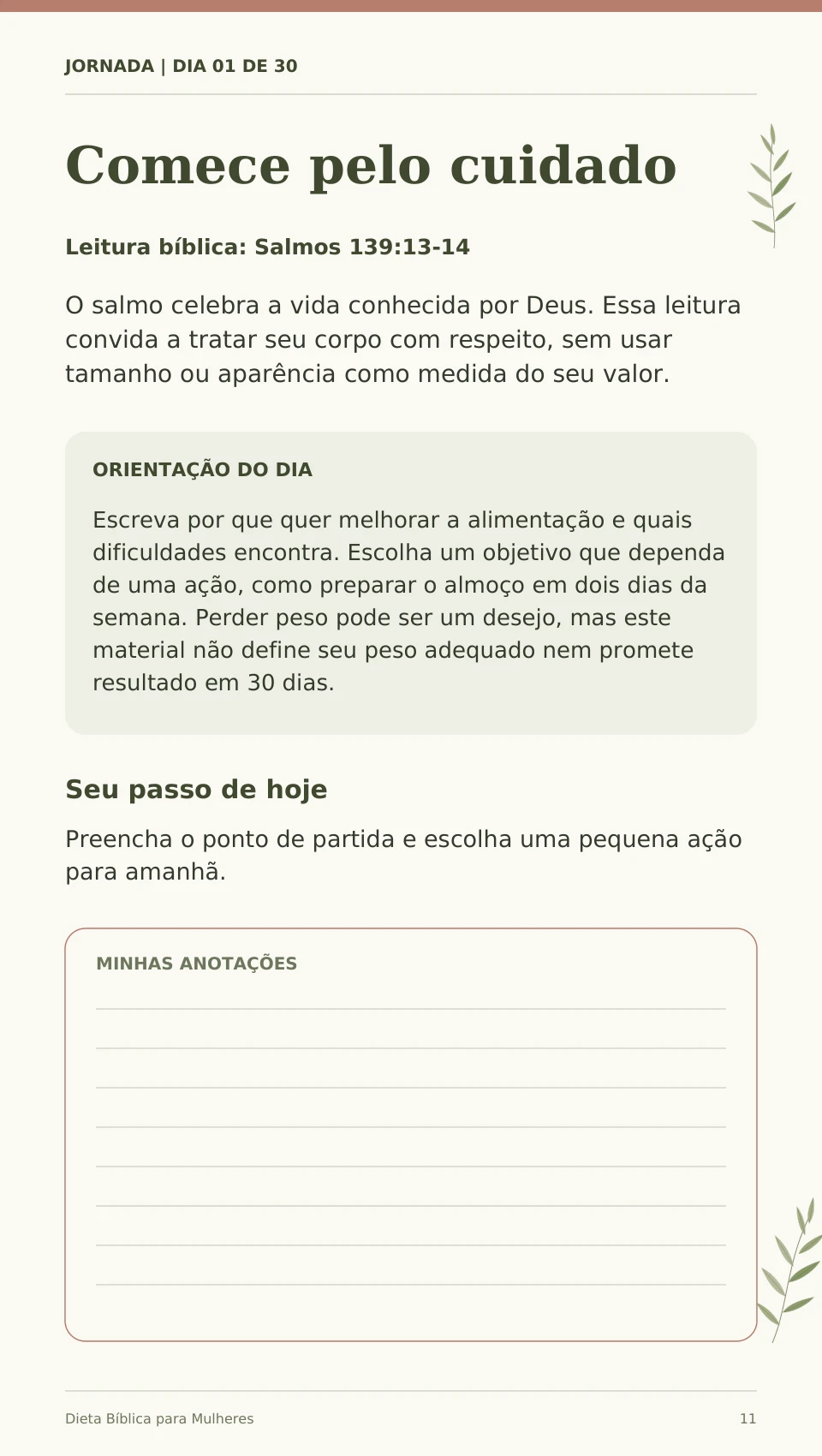 Página real do Dia 1, Comece pelo cuidado, com leitura de Salmos 139:13-14 e reflexão